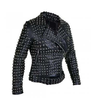 Women Fashion Black Brando Belted Round Jacket Cap Studded Genuine Leather Jacket 